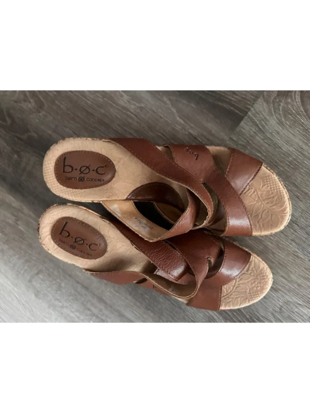 b.o.c. Brown Leather Cork Wedge Sandals